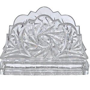 Vintage Cut Glass Letter Or Napkin Holder  6" scallop edge intricate swirl 24% C